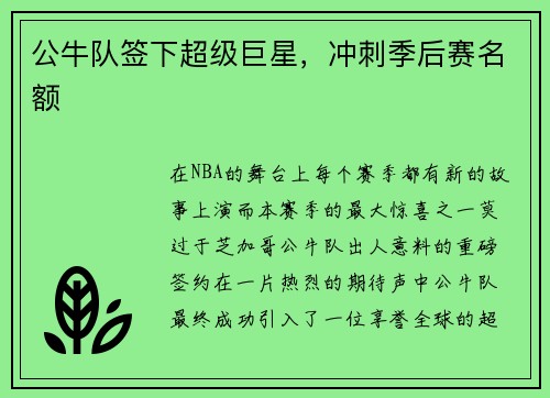 公牛队签下超级巨星，冲刺季后赛名额