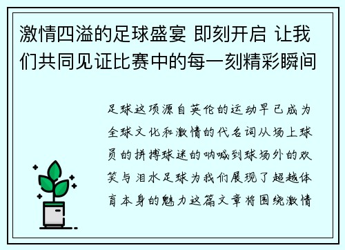 激情四溢的足球盛宴 即刻开启 让我们共同见证比赛中的每一刻精彩瞬间